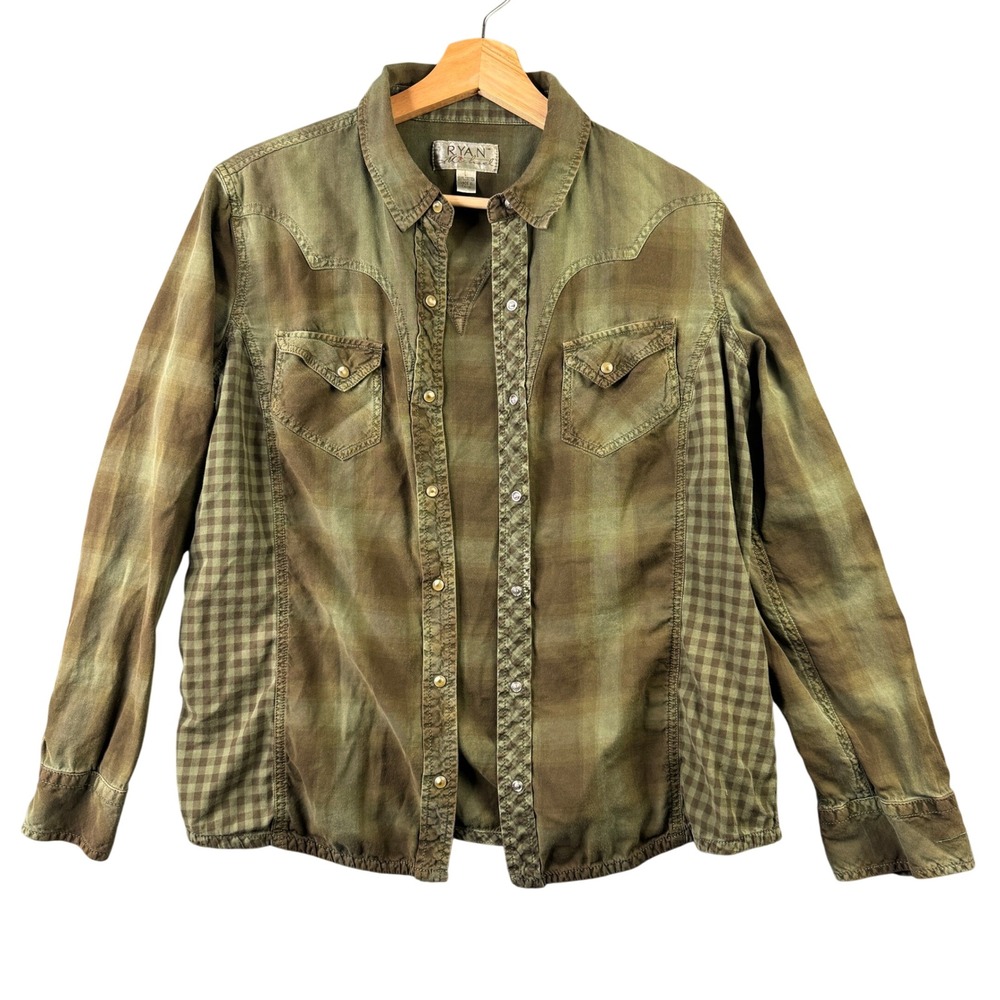Ryan Michael Womens Large Olive Green Plaid Western Pearl Snap 100% Cotton Shirt